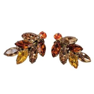 Vintage Amber Orange Rhinestone Leaf Clip-On Earrings Fall Color Sparkle Jewelry